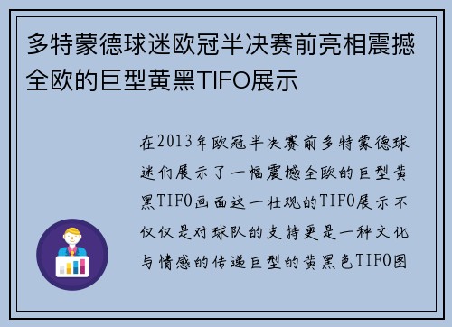 多特蒙德球迷欧冠半决赛前亮相震撼全欧的巨型黄黑TIFO展示