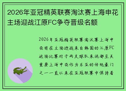 2026年亚冠精英联赛淘汰赛上海申花主场迎战江原FC争夺晋级名额