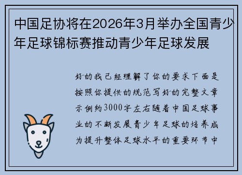 中国足协将在2026年3月举办全国青少年足球锦标赛推动青少年足球发展 中国足协将在2026年3月举办全国青少年足球锦标赛推动青少年足球发展